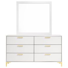 a white dresser and mirror with gold handles