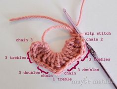 the crochet heart is next to a knitting needle on top of a piece of paper