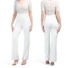 Brand New With Tags Ivory, Elbow Length Jumpsuit. Sequins In Bodice With A Fitter Fabric That Has Stretch. Straight Leg, Zipper In Back And Hook Closure. Fitted White V-neck Jumpsuits And Rompers, Elegant Fitted White Bottoms, Elegant White V-neck Jumpsuit, Elegant Fitted Overall Pants, White V-neck Pantsuit For Party, Elegant Cream Jumpsuit For Party, Elegant Fitted Off White Bottoms, Elegant Fitted Off-white Bottoms, Elegant White Jumpsuit For Formal Occasions