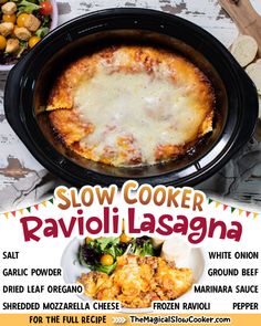 the flyer for slow cooker ravioli lasagna is displayed on a table