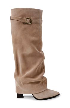 A slouchy, fold-over shaft enhances the modern allure of a knee-high boot styled with a pointy toe and tapered block heel. 3" heel 13" shaft; 10" calf circumference Cushioned footbed Leather upper, lining and sole Imported Dust Bunny, Slouchy Boots, Winter Boho, Shoe Inspo, Girly Shoes, Fall Fits, Pretty Shoes, Dream Shoes, Shoe Game