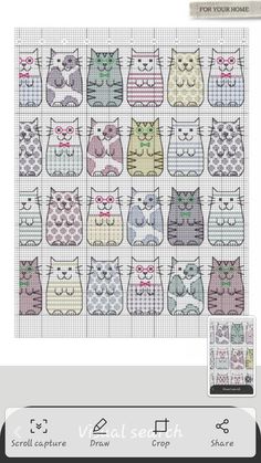 a cross stitch pattern with many different cats on the front and back, all in pastel colors