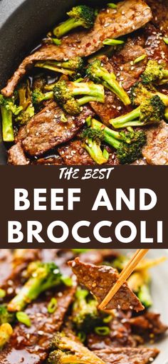 beef and broccoli stir fry in a skillet with chopsticks