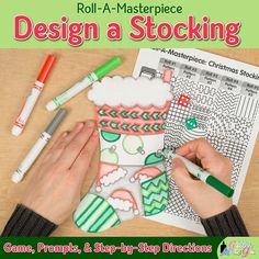 a person is making a design a stocking with crayons and marker pens