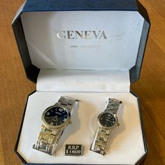 Matching His And Hers Analog Watch Gift Set. Set Is Brand New With Original Tag. Geneva Classic Collection Watches, Silver Plated With Deep Navy Blue Face. Decorative Gift Box Included. Non-Smoking Home. Watches Silver, Geneva Watch, Mens Chronograph, Deep Navy Blue, Blue Face, Watch Gift, Gold Watch Men, Classic Bracelets, Mens Accessories Jewelry