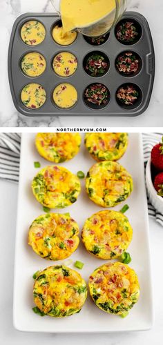 an egg muffin is being made and then topped with cheese, spinach and strawberries