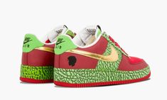 This bold and unforgettable Air Force 1 Low was designed by Questlove in 2008. The limited edition colorway features a red leather base with lime green elephant print accents and metallic gold Swooshes. Questlove’s silhouette is found on each heel. Green Elephant, Designer Outlet, Stadium Goods, Elephant Print, Round Toe Heels, High Level