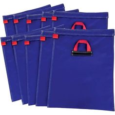 four blue bags with red handles on them