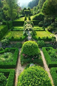 an aerial view of a garden with hedges and flowers