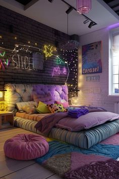 a bedroom with brick walls and colorful lights on the headboard, bed in purple upholstered bedspread