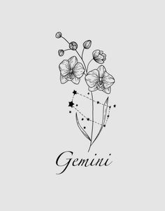 the word genni written in black ink on a white background with flowers and stars