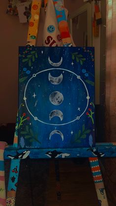 Painting art moon flowers Moon Phases Acrylic Painting, Moon Phases Painting, Moon Phase Painting, Phases Of The Moon Art, Art Curriculum Elementary, Painting Of The Moon, Moon Things, Moon Stages, Acrylic Moon