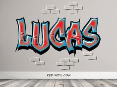 the word lucas written in graffiti style on a wall next to a chest of drawers