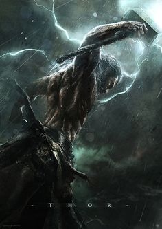 a man holding an ax in the middle of a storm with lightning coming from behind him