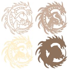 three different colored dragon designs on a white background, each with an animal's head in the center