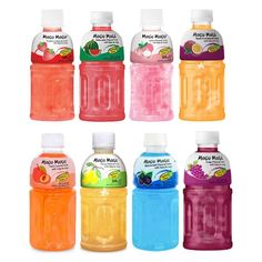 six bottles of juice with different flavors