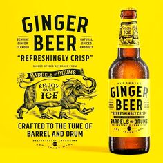 a bottle of ginger beer next to a yellow background