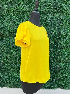 bright yellow flutter sleeve boutique online near me houston Solid Summer Blouse With Pleated Sleeves, Fitted Solid Tops With Pleated Sleeves, Fitted Tops With Pleated Sleeves For Summer, Spring Stretch Viscose Blouse, Short Sleeve Rayon Tops For Brunch, Chic Viscose Tops For Brunch, Rayon Short Sleeve Tops For Brunch, Spring Pleated Sleeve Solid Top, Spring Silk Tops For Brunch