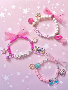 Beaded Bracelets Barbie, Beaded Barbie Bracelets, Barbie Themed Bracelet, Barbie Inspired Beaded Bracelet, Cute Small Bead Bracelet Ideas, Barbie Bracelet Beads, Barbie Inspired Bracelet, Barbie Beaded Bracelet, Barbie Friendship Bracelet