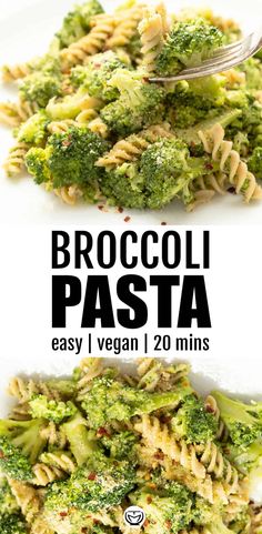 broccoli pasta on a white plate with a fork in it and the words, broccoli pasta easy 1 vegan 20 mins