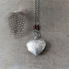 Photo Locket Necklace, January Birthstone Locket, Garnet Locket, Sterling Silver Locket, Silver Hear Antique Heart Jewelry With Intricate Design, Elegant Vintage Heart Pendant Jewelry, Antique Heart-shaped Jewelry With Intricate Design, Ornate Heart Charm Pendant Jewelry, Vintage Etched Heart Pendant Jewelry, Vintage Heart Shaped Jewelry With Intricate Design, Heart-shaped Etched Jewelry For Keepsake, Vintage Heart-shaped Jewelry With Intricate Design, Keepsake Heart-shaped Etched Jewelry