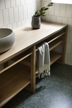 a bathroom with a sink, towel rack and potted plant on the counter top