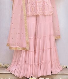 Light Pink Designer Embroidered Party Wear Gharara Suit-Saira's Boutique Festive Georgette Sharara With Mirror Work, Georgette Sharara With Gota Work For Reception, Reception Georgette Sharara With Gota Work, Semi-stitched Floor-length Sharara For Eid, Chinon Sharara For Reception And Eid, Eid Reception Sharara In Chinon, Eid Reception Chinon Sharara, Resham Embroidered Georgette Sharara For Reception, Georgette Sharara With Resham Embroidery For Reception