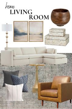 the living room is decorated in neutral colors