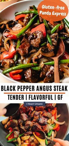 black pepper angus steak tender flavored with onions and green beans in a skillet