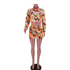 Long Sleeve Shirt Crop Top Casual Shorts Set 2 Pieces Casual Long Sleeve Two-piece Set For Summer, Casual Multicolor Two-piece Set For Summer, Two-piece Short Top Set For Spring, Casual Multicolor Two-piece Tops, Multicolor Two-piece Set Tops For Summer, Multicolor Two-piece Tops Set For Summer, Multicolor Two-piece Summer Top Set, Women Fashion Casual, Two Piece Short Set