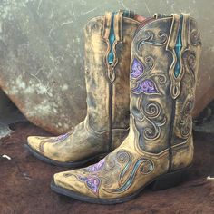 Dan Post "Cambria" Cowgirl Western Boots. Style #Dp3552. Handcrafted With Distressed Tan Leather & Beautiful Turquoise And Purple Leather Underlays In Laser Cutouts. Butterfly Theme Throughout. Entire Boot Is Intentionally Distressed By The Maker To Look Vintage/Aged. Snip Toe, Stacked Cowboy Heel, Leather Lining & Rustic Leather Outsole Are Paired With The Comfort Of A Soft Strike Removable Orthotic. Gorgeous Boots With A Cowgirl Gypsy/Boho Country Vibe. Practical Enough For Everyday Wear But P Fitted Purple Ankle Boots, Purple Ankle Boots With Reinforced Heel, Purple Leather Boots With Round Toe, Purple Pointed Toe Boots With Reinforced Heel, Purple Snip Toe Boots For Fall, Fitted Western Purple Boots, Fitted Purple Western Boots, Purple Closed Toe Boots For Fall, Fall Purple Closed Toe Boots