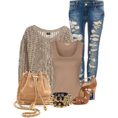 "Untitled #801" by lisamoran on Polyvore Fake Clothes, Match Outfits, Jean Skirt Outfits, Colorful Outfits, Fashion Life, Pinterest Closet, Beige Sweater, Girl Style, Dressy Casual