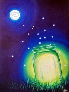 an acrylic painting of a jar in the grass with a full moon behind it