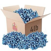 a cardboard box filled with blue candies