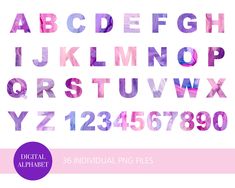 the alphabet is made up of watercolor paint and letters are all in different colors