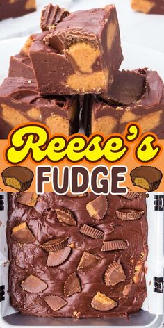 reese's fudge cake on a white plate with the words reese's fudge in front of it