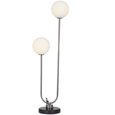 two light floor lamp on a black base with white glass globes in the middle