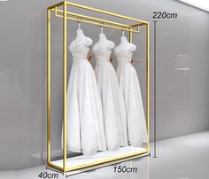 two white dresses are displayed in a glass case with gold trimmings on the sides