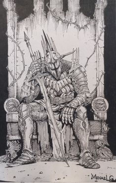 a drawing of a knight sitting on a bench