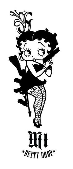 the betty boy logo is black and white with an image of a woman holding a guitar