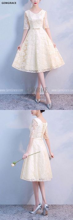 10% off now|Free shipping world-wide. Champagne Vneck Lace Knee Length Party Dress With Sleeves at GemGrace. Click to learn our pro custom-made service for wedding dress, formal dress. View #WeddingGuestDresses for more ideas. Cream Knee-length Lace Dress, Beige V-neck Lace Dress For Party, Beige Lace Dress With Short Sleeves For Party, Beige Short Sleeve Lace Party Dress, Party Dress With Sleeves, Party Dresses With Sleeves, Best Wedding Guest Dresses, For Wedding Dress, Dress With Sleeves