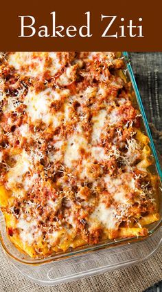 baked ziti in a glass casserole dish with text overlay