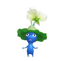 a blue cartoon character holding a white flower