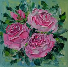 a painting of pink roses on a green background