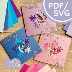 several different colored greeting cards with the words pretty paper designs on them, including flowers and butterflies