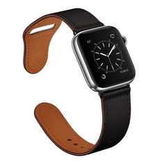 an apple watch is shown with a leather band