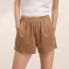 High Waisted Faux Suede Shorts Never Worn Before. Tags Still On Ruched Waist All Around Chic Beige Shorts With Elastic Waistband, Beige High-waisted Shorts For Fall, Chic Brown Short Bottoms, Chic Brown Short Length Bottoms, Chic Short Length Brown Bottoms, Stretch Shorts With Elastic Waistband For Fall, Chic Brown Shorts For Fall, Brown Shorts For Day Out In Fall, Fall High-waisted Shorts With Elastic Waistband