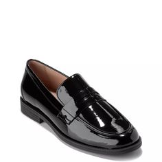 Express your polished style sense with these women's Cole Haan Haverhill black penny loafers. Made of leather upper with a glossy finish, these slip-ons come with round moc toe design, penny strap across the vamp for a classic look, and soft lining and gently padded footbed for comfort. Durable TPR outsole with Grand 360 technology and tread pattern offers reliable grip and comfort. | Cole Haan Women's Haverhill Penny Loafer in Black Size 10 Medium Black Penny Loafers, Cole Hann, Polished Style, Cole Haan Women, A Penny, Penny Loafer, Cole Haan Shoes, The Vamps, Toe Designs