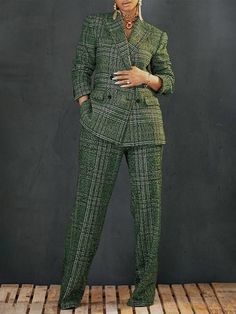 Blazer Pants Set, Winter Blazer, Pocket Stitching, Gucci Boots, Plaid Sleeve, Women's Suits, Work Meeting, Plaid Suit, Fall Plaid