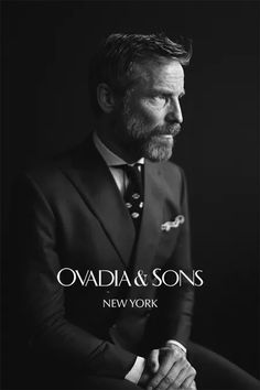 a black and white photo of a man in a tuxedo with the words ovadia & sons new york